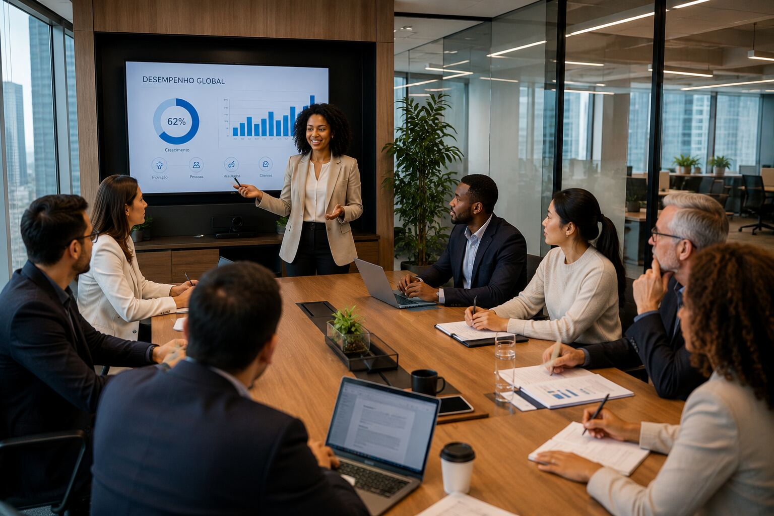 Reunião executiva analisando dashboard de saúde corporativa