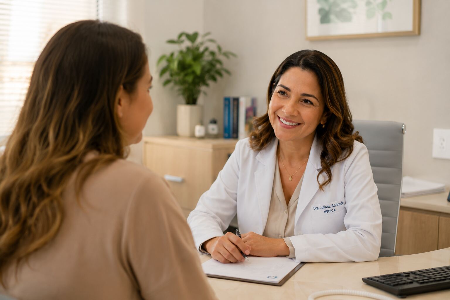 Médica conversando com paciente em consultório